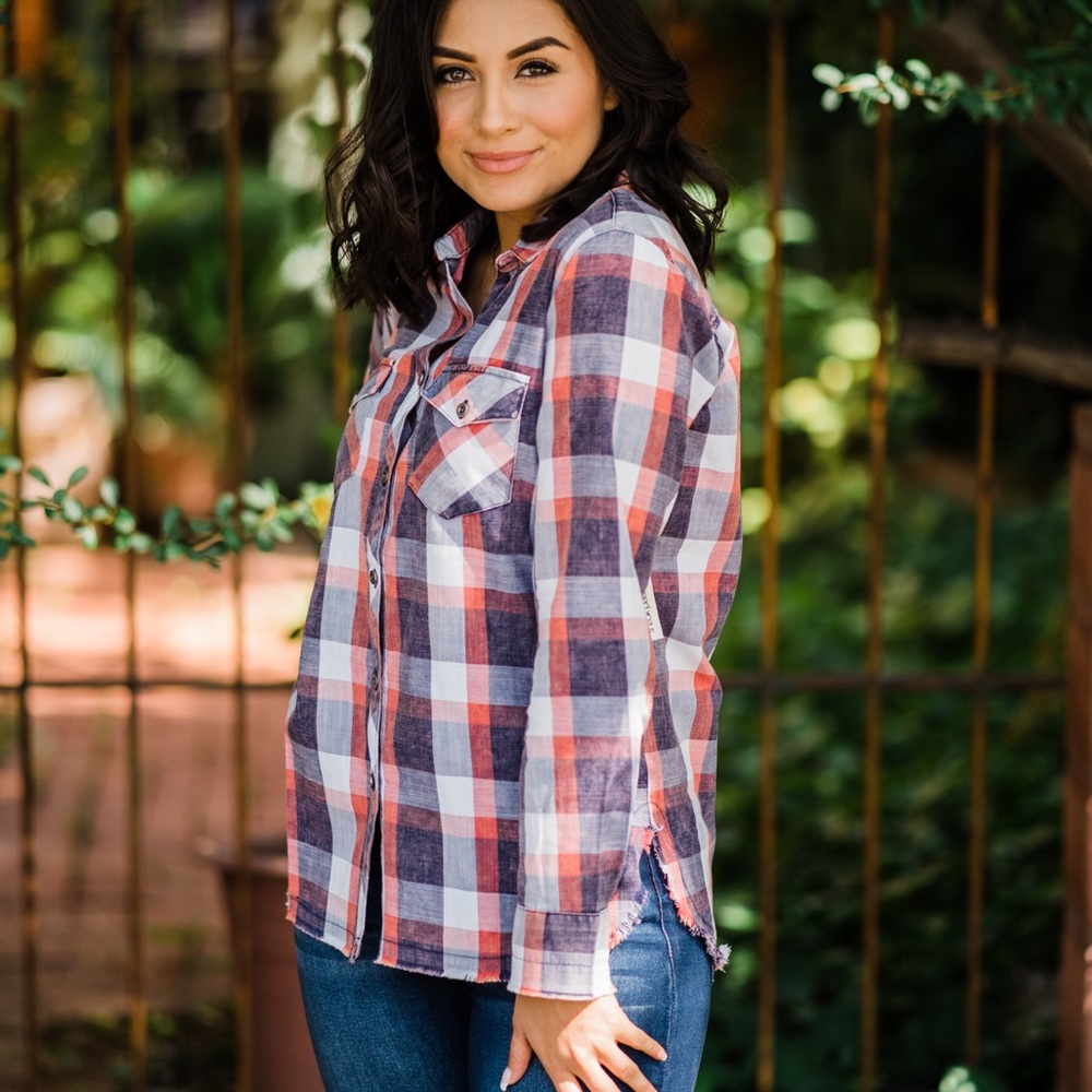 NWT Sneak Peek Raw Hem Button Down Top